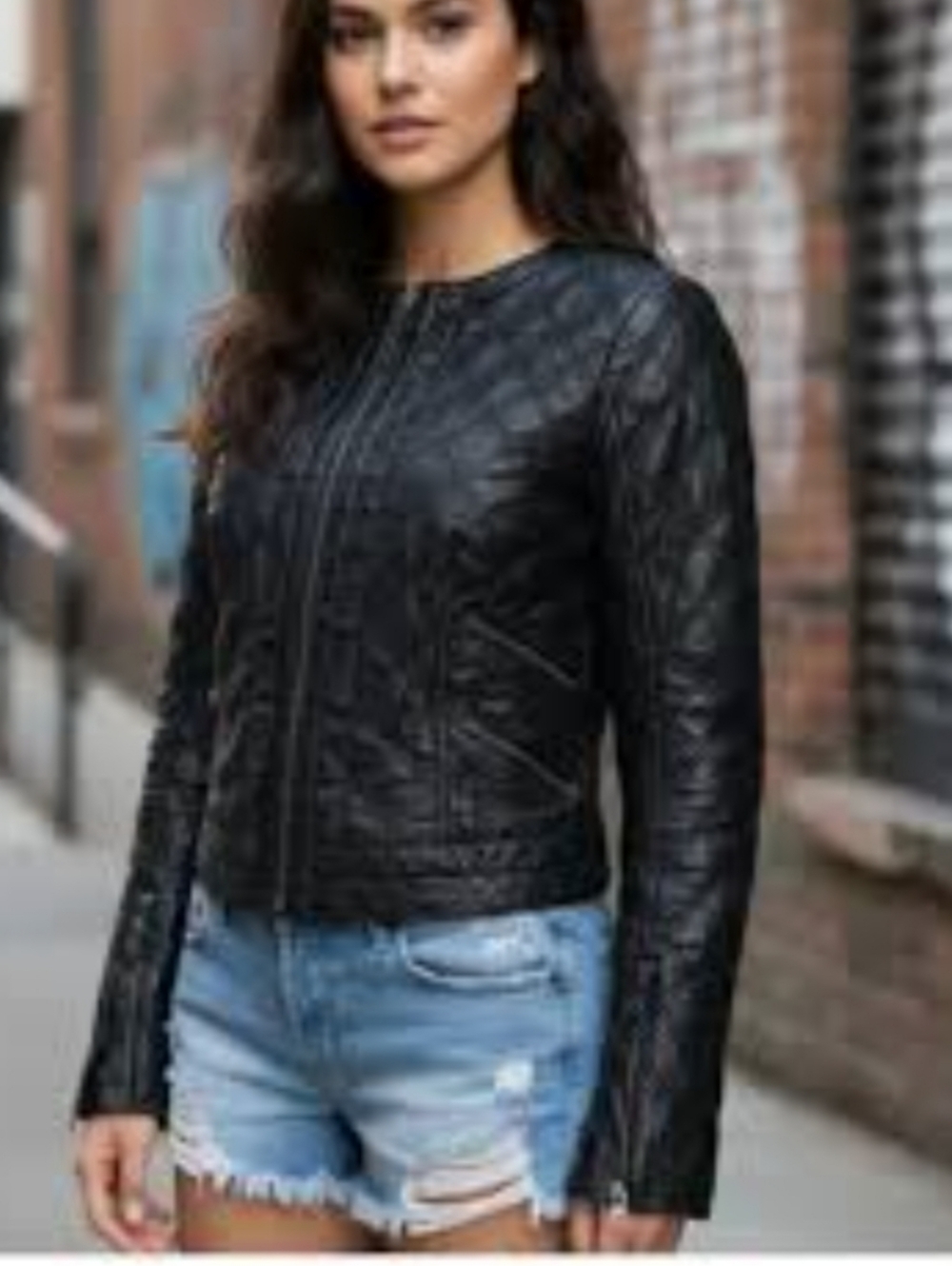 Zara 100% Lambskin Leather Quilted Tailored Collarless Black Biker Moto Jacket